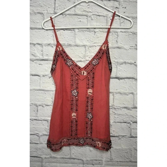 Beaded coral Boho 100% Silk Summer Spring sleeveless top size Small. - Picture 1 of 5